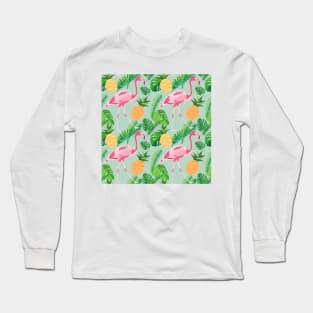 Tropical trendy seamless pattern with pink flamingos, pineapples and palm leaves Long Sleeve T-Shirt